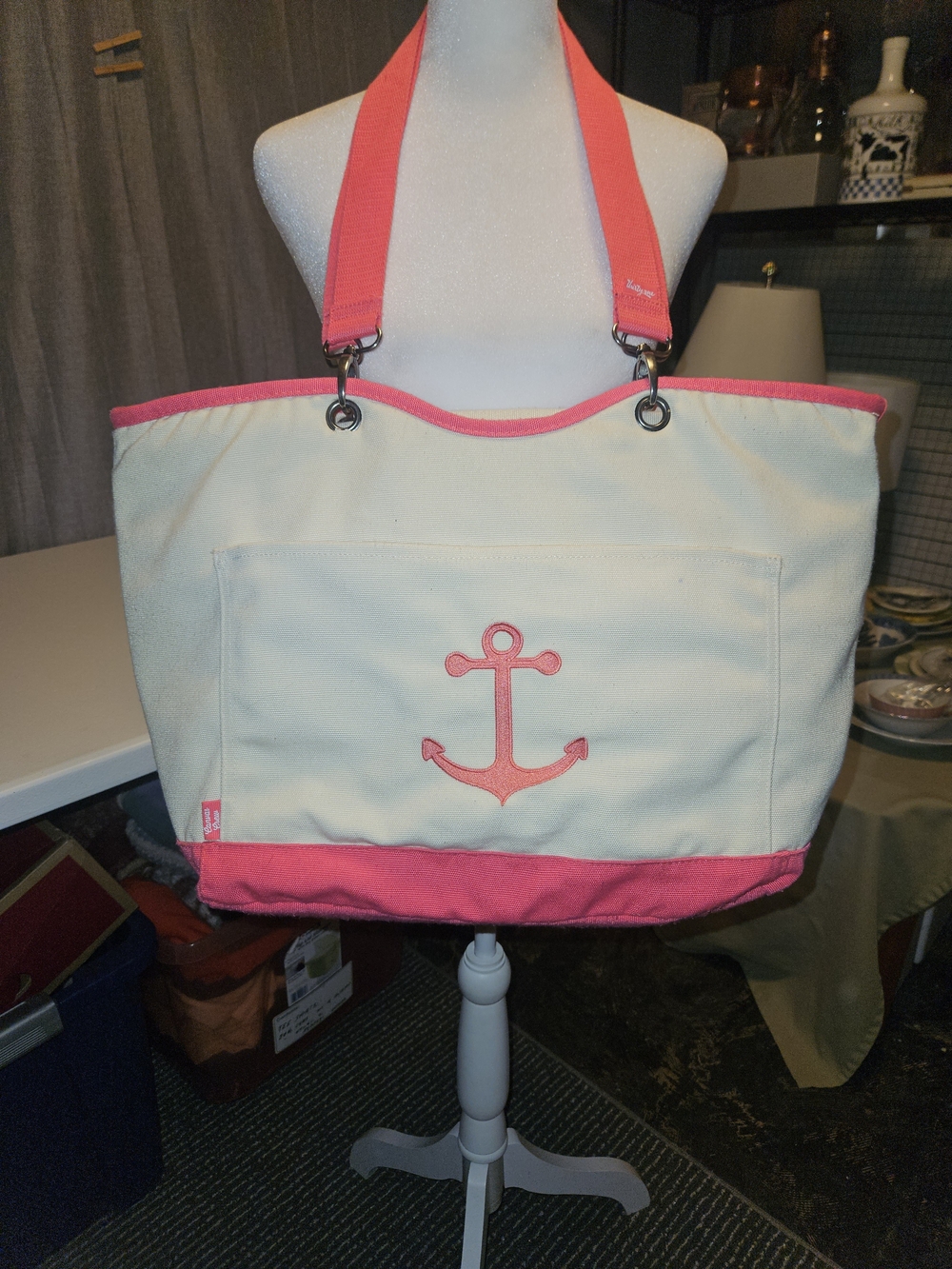 thirty-one Cream Canvas Thermal Tote with Coral Pink Accents and Anchor